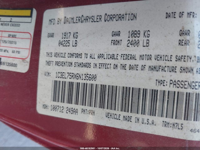 46192981 :رقم المزاد ، 1C3EL75RX6N135600 vin ، 2006 Chrysler Sebring Gtc مزاد بيع