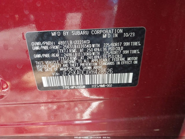 46192988 :رقم المزاد ، JF2SKADCXRH428526 vin ، 2024 Subaru Forester Premium مزاد بيع