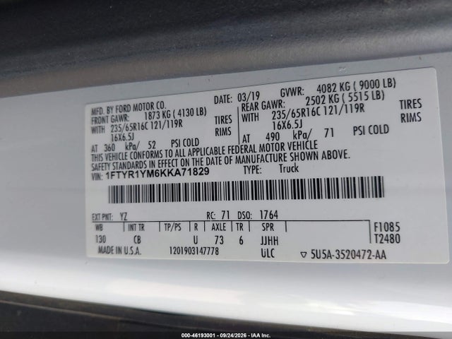 Auction sale of the 2019 Ford Transit-250, vin: 1FTYR1YM6KKA71829, lot number: 46193001