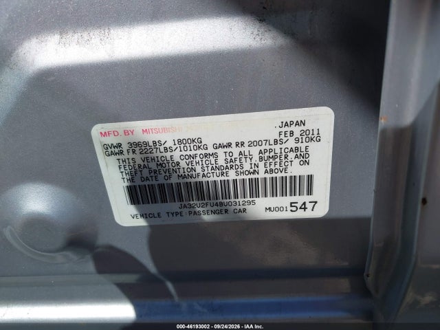 46193002 :رقم المزاد ، JA32U2FU4BU031295 vin ، 2011 Mitsubishi Lancer Es مزاد بيع