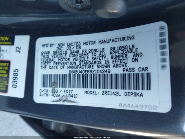 2009 Toyota Corolla S მანქანა იყიდება აუქციონზე, vin: 1NXBU40E69Z104249, აუქციონის ნომერი: 46193034