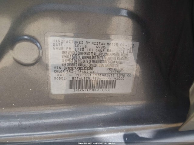 Aukcja sprzedaży 2019 Nissan Versa 1.6 Sv, vin: 3N1CN7AP3KL831360, numer aukcji: 46193037