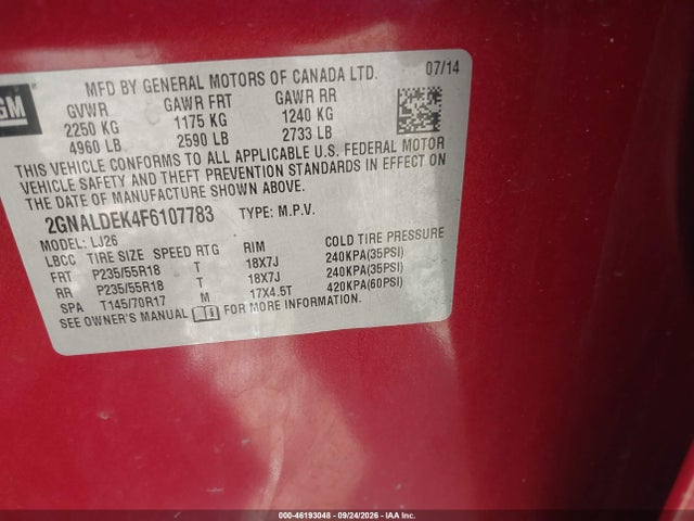 46193048 :رقم المزاد ، 2GNALDEK4F6107783 vin ، 2015 Chevrolet Equinox Ltz مزاد بيع
