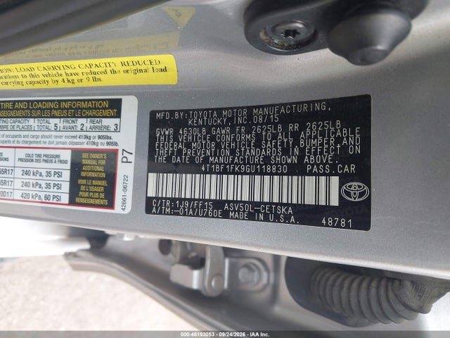 46193053 :رقم المزاد ، 4T1BF1FK9GU118830 vin ، 2016 Toyota Camry Se مزاد بيع