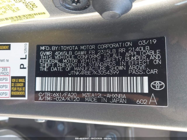 Aukcja sprzedaży 2019 Toyota Corolla Se, vin: JTNK4RBE7K3054399, numer aukcji: 46193057