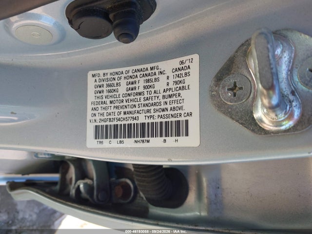 Продажа на аукционе авто 2012 Honda Civic Sdn Lx, vin: 2HGFB2F54CH577943, номер лота: 46193058