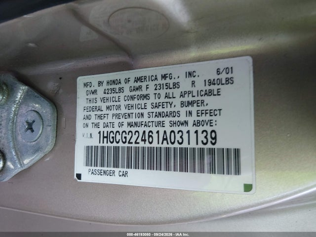 46193080 :رقم المزاد ، 1HGCG22461A031139 vin ، 2001 Honda Accord Cpe Lx مزاد بيع