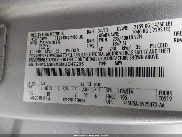 2013 Ford Escape Sel მანქანა იყიდება აუქციონზე, vin: 1FMCU9HX6DUD47205, აუქციონის ნომერი: 46193088