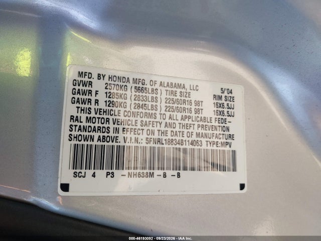 Aukcja sprzedaży 2004 Honda Odyssey Ex, vin: 5FNRL18834B114063, numer aukcji: 46193092