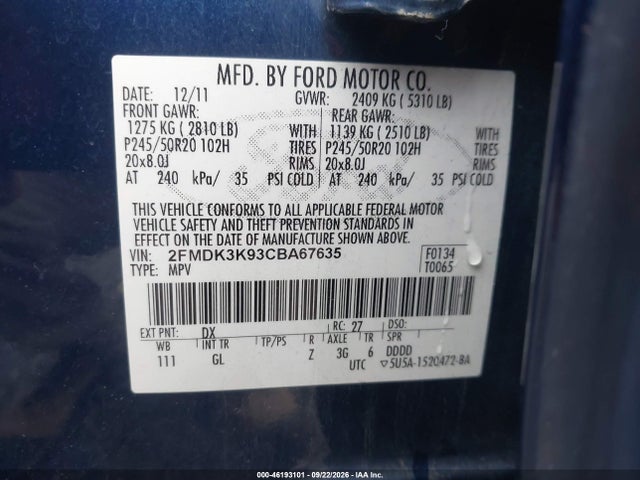 46193101 :رقم المزاد ، 2FMDK3K93CBA67635 vin ، 2012 Ford Edge Limited مزاد بيع