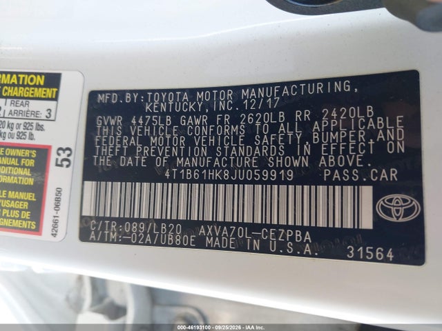 Продаж на аукціоні авто 2018 Toyota Camry Xse, vin: 4T1B61HK8JU059919, номер лоту: 46193100