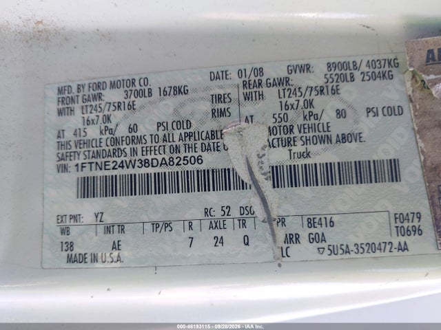 46193115 :رقم المزاد ، 1FTNE24W38DA82506 vin ، 2008 Ford Econoline مزاد بيع