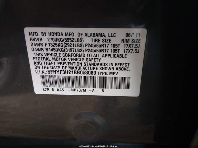 Продаж на аукціоні авто 2011 Honda Pilot Lx, vin: 5FNYF3H21BB053089, номер лоту: 46193144