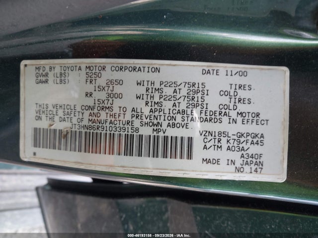 Продаж на аукціоні авто 2001 Toyota 4runner Sr5, vin: JT3HN86R910339158, номер лоту: 46193158