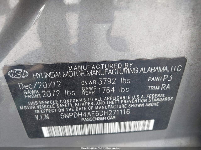 Продажа на аукционе авто 2013 Hyundai Elantra Limited, vin: 5NPDH4AE6DH271116, номер лота: 46193159