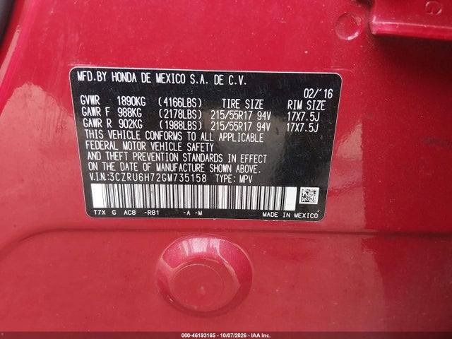 46193165 :رقم المزاد ، 3CZRU6H72GM735158 vin ، 2016 Honda Hr-v Ex-l W/navi مزاد بيع