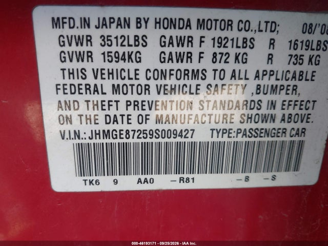 46193171 :رقم المزاد ، JHMGE87259S009427 vin ، 2009 Honda Fit مزاد بيع