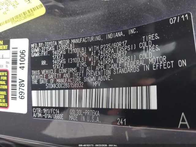 46193173 :رقم المزاد ، 5TDKK3DC2BS158932 vin ، 2011 Toyota Sienna Le V6 مزاد بيع