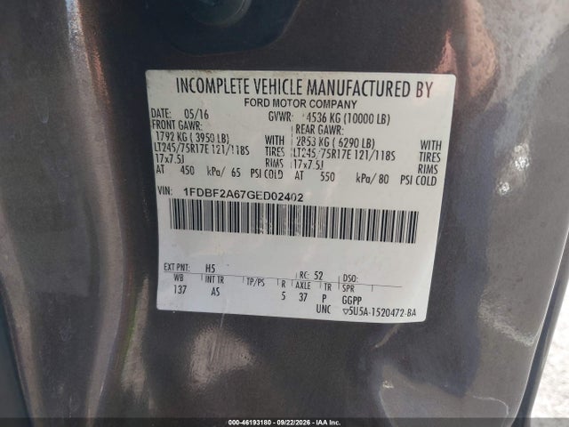 Продаж на аукціоні авто 2016 Ford Super Duty F-250 Srw Xl, vin: 1FDBF2A67GED02402, номер лоту: 46193180