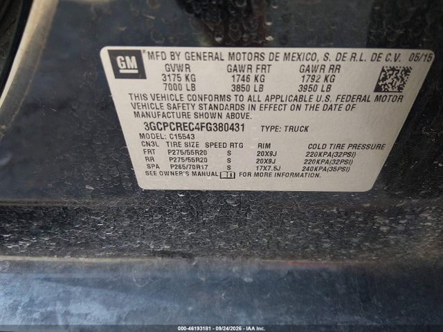 Продажа на аукционе авто 2015 Chevrolet Silverado 1500 1lt, vin: 3GCPCREC4FG380431, номер лота: 46193181