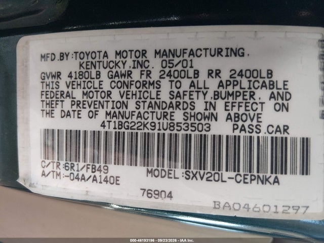 Продажа на аукционе авто 2001 Toyota Camry Ce/le/xle, vin: 4T1BG22K91U853503, номер лота: 46193196