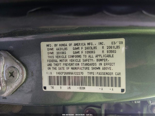 Продажа на аукционе авто 2009 Honda Accord Sdn Ex-l, vin: 1HGCP26899A122270, номер лота: 46193265