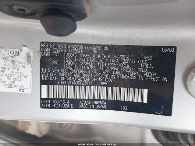 46193269 :رقم المزاد ، JTEGD21A530063911 vin ، 2003 Toyota Highlander مزاد بيع