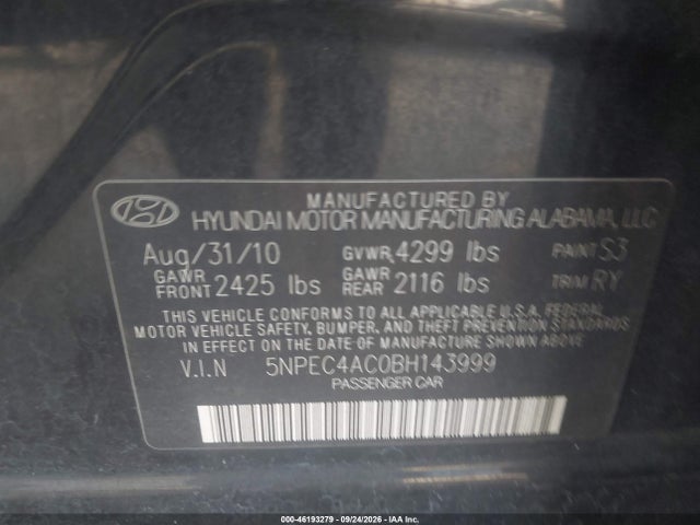 46193279 :رقم المزاد ، 5NPEC4AC0BH143999 vin ، 2011 Hyundai Sonata Se مزاد بيع