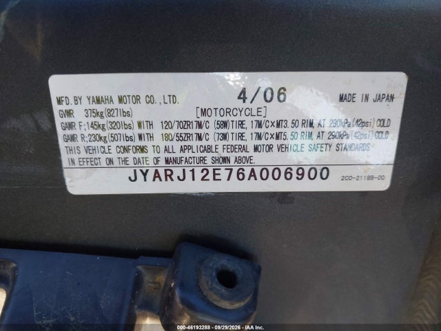 2006 Yamaha Yzfr6 L მანქანა იყიდება აუქციონზე, vin: JYARJ12E76A006900, აუქციონის ნომერი: 46193288