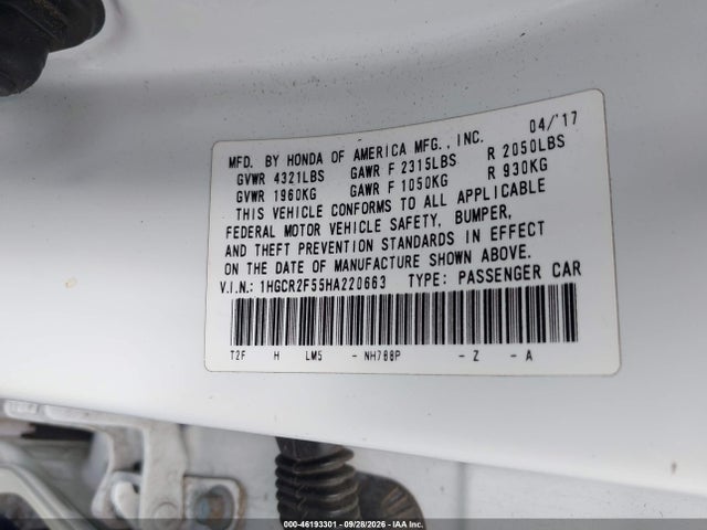 Продаж на аукціоні авто 2017 Honda Accord Sport, vin: 1HGCR2F55HA220663, номер лоту: 46193301