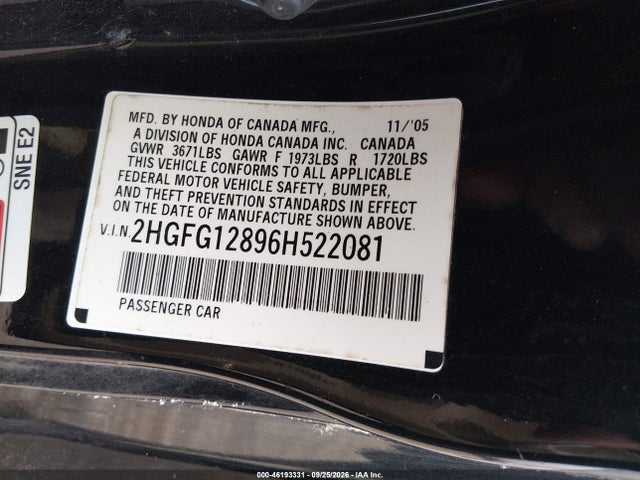 46193331 :رقم المزاد ، 2HGFG12896H522081 vin ، 2006 Honda Civic Ex مزاد بيع