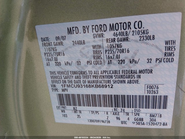 Aukcja sprzedaży 2008 Ford Escape Xlt, vin: 1FMCU93168KB68912, numer aukcji: 46193334