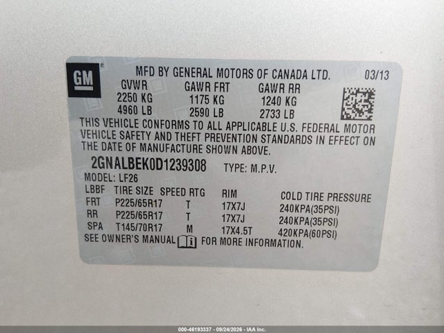 Продажа на аукционе авто 2013 Chevrolet Equinox Ls, vin: 2GNALBEK0D1239308, номер лота: 46193337