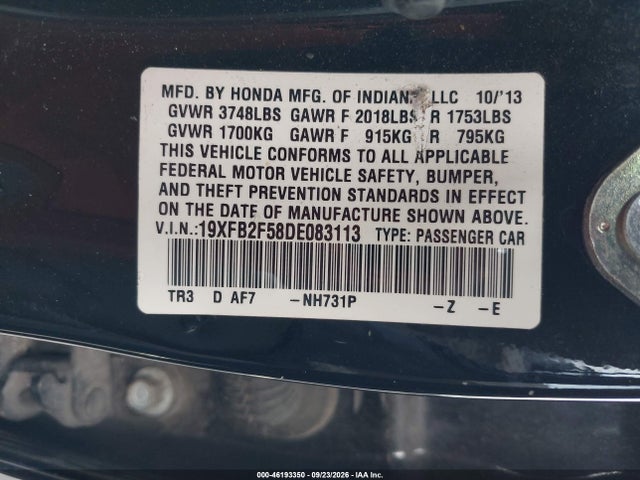 Aukcja sprzedaży 2013 Honda Civic Sdn Lx, vin: 19XFB2F58DE083113, numer aukcji: 46193350