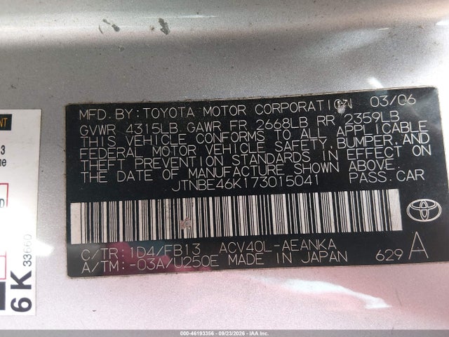 Продаж на аукціоні авто 2007 Toyota Camry Ce, vin: JTNBE46K173015041, номер лоту: 46193356