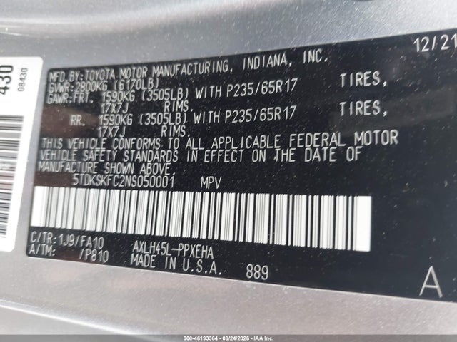 Aukcja sprzedaży 2022 Toyota Sienna Le, vin: 5TDKSKFC2NS050001, numer aukcji: 46193364