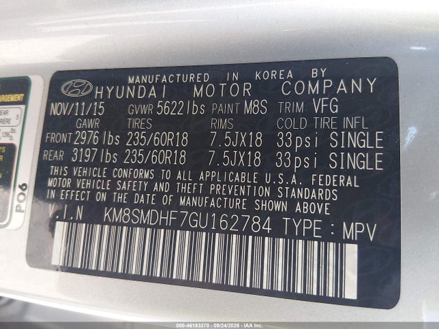 Продаж на аукціоні авто 2016 Hyundai Santa Fe Se, vin: KM8SMDHF7GU162784, номер лоту: 46193370