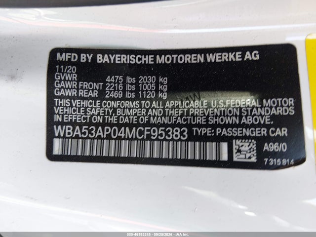 46193385 :رقم المزاد ، WBA53AP04MCF95383 vin ، 2021 Bmw 430i مزاد بيع