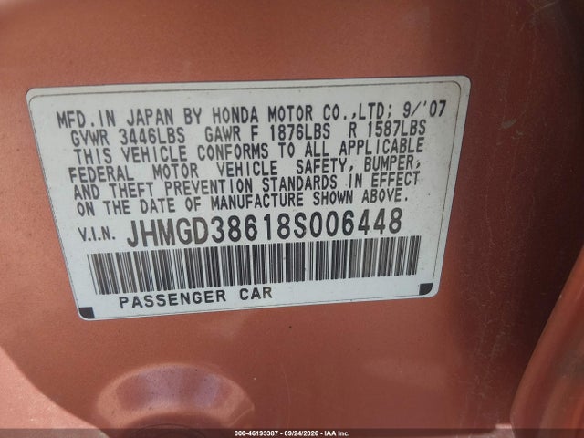 2008 Honda Fit Sport მანქანა იყიდება აუქციონზე, vin: JHMGD38618S006448, აუქციონის ნომერი: 46193387
