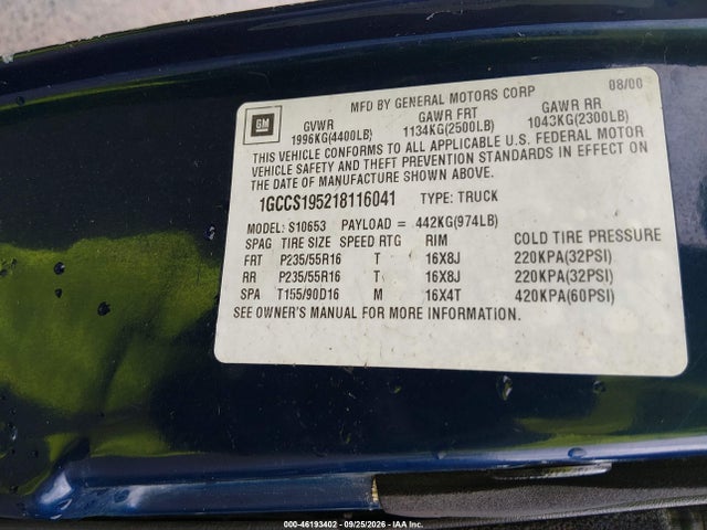 Продажа на аукционе авто 2001 Chevrolet S-10 Ls, vin: 1GCCS195218116041, номер лота: 46193402