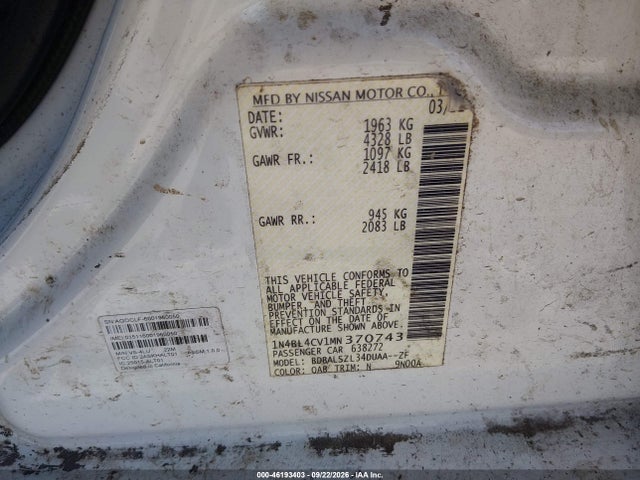 46193403 :رقم المزاد ، 1N4BL4CV1MN370743 vin ، 2021 Nissan Altima Sr Fwd مزاد بيع