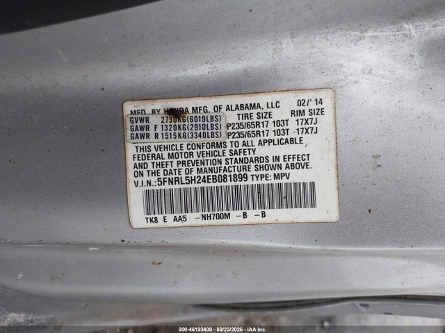 2014 Honda Odyssey Lx მანქანა იყიდება აუქციონზე, vin: 5FNRL5H24EB081899, აუქციონის ნომერი: 46193409
