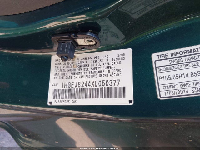 Aukcja sprzedaży 1999 Honda Civic Ex, vin: 1HGEJ8244XL050377, numer aukcji: 46193416