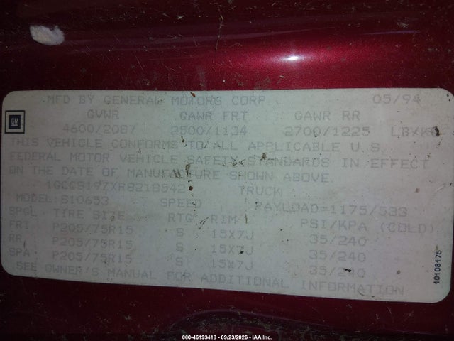 Aukcja sprzedaży 1994 Chevrolet S Truck S10, vin: 1GCCS19ZXR8218542, numer aukcji: 46193418