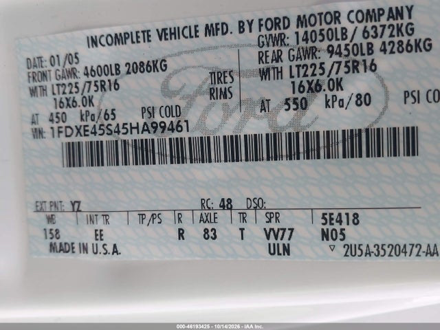 46193425 :رقم المزاد ، 1FDXE45S45HA99461 vin ، 2005 Ford E-450 Cutaway Standard مزاد بيع