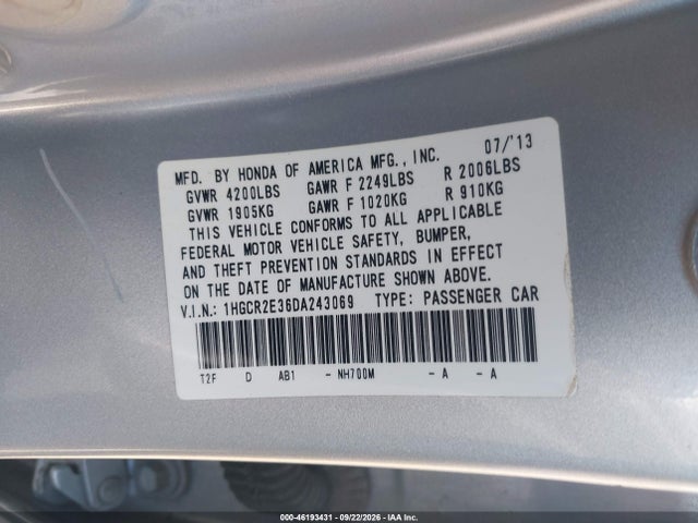 2013 Honda Accord Lx მანქანა იყიდება აუქციონზე, vin: 1HGCR2E36DA243069, აუქციონის ნომერი: 46193431