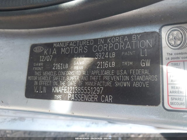 Продаж на аукціоні авто 2008 Kia Spectra Lx, vin: KNAFE121385551297, номер лоту: 46193430