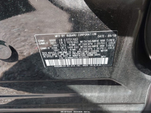 Aukcja sprzedaży 2020 Subaru Ascent Premium, vin: 4S4WMACD9L3420955, numer aukcji: 46193445