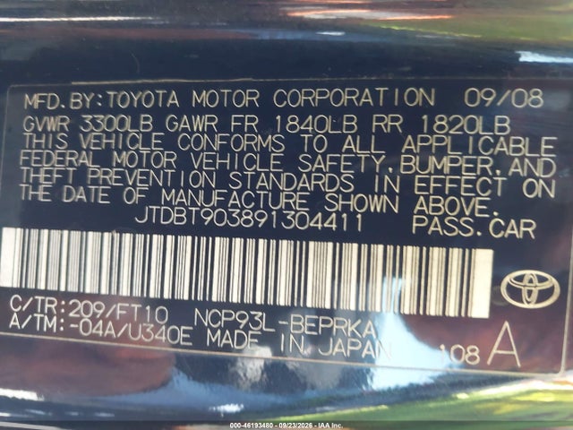 2009 Toyota Yaris S მანქანა იყიდება აუქციონზე, vin: JTDBT903891304411, აუქციონის ნომერი: 46193480