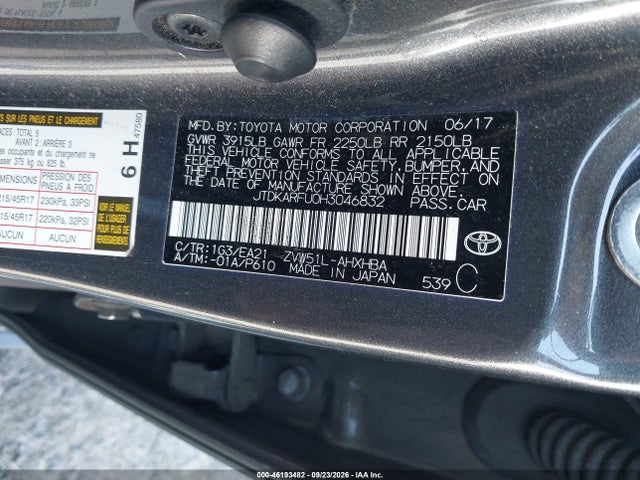 Продаж на аукціоні авто 2017 Toyota Prius Four Touring, vin: JTDKARFU0H3046832, номер лоту: 46193482